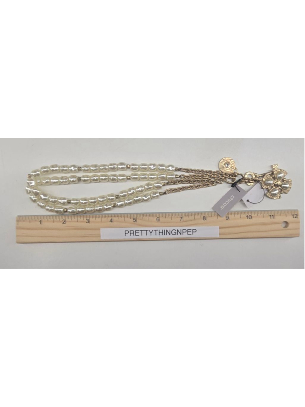NWT Chico's Necklace Faux Pearl Double Strand White Goldtone Medallion Key Charm - Picture 11 of 13
